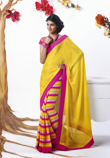 Manufacturers Exporters and Wholesale Suppliers of Yellow Pink Crepe Saree SURAT Gujarat
