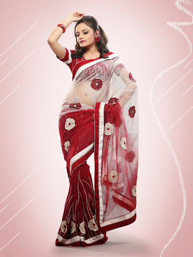 Manufacturers Exporters and Wholesale Suppliers of Red White Net Georgette Saree SURAT Gujarat