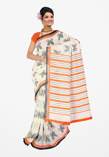 Manufacturers Exporters and Wholesale Suppliers of Off White Orange Silk Saree SURAT Gujarat