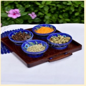 Manufacturers Exporters and Wholesale Suppliers of Pottery Bowls 2.5inch in Blue With Wooden Square Tray 7inch Indore Madhya Pradesh