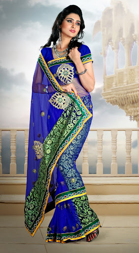 Manufacturers Exporters and Wholesale Suppliers of Blue Green Colored Saree SURAT Gujarat
