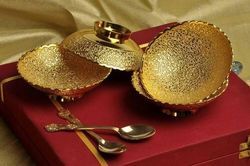Brass Bowl Set with Spoons Gold Plated
