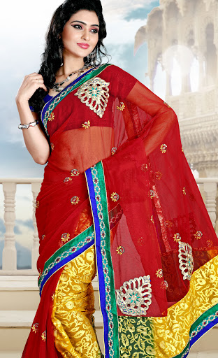 Manufacturers Exporters and Wholesale Suppliers of Red Yellow Cut Patch Saree SURAT Gujarat