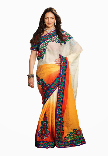 Manufacturers Exporters and Wholesale Suppliers of White Orange Saree SURAT Gujarat