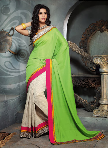 Manufacturers Exporters and Wholesale Suppliers of Green White Net Cotton Saree SURAT Gujarat