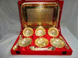 Brass Bowl Set with Spoons and Tray Gold Plated Manufacturer Supplier Wholesale Exporter Importer Buyer Trader Retailer in Moradabad Uttar Pradesh India