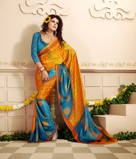 Manufacturers Exporters and Wholesale Suppliers of Yellow Blue Silk Saree SURAT Gujarat