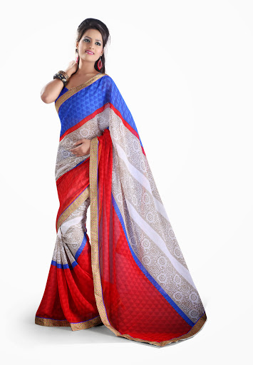 Manufacturers Exporters and Wholesale Suppliers of Blue White Red Saree SURAT Gujarat