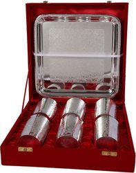Brass Glass Set with Tray Silver Plated