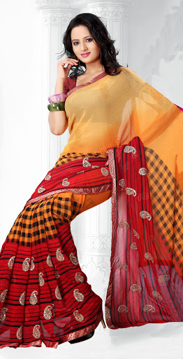 Manufacturers Exporters and Wholesale Suppliers of Yellow Orange Georgette Saree SURAT Gujarat